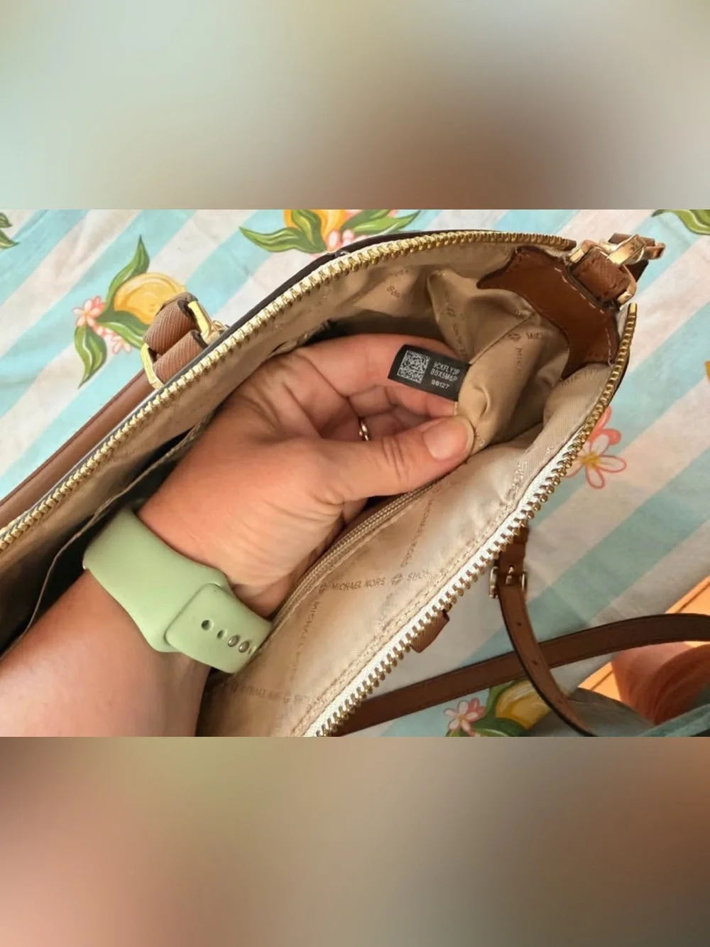Michael Kors Beige Logo and Brown Leather Satchel
